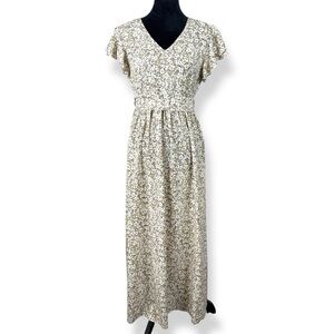 Dress Womens M Medium V Neck Short Cap Sleeves Belted Floral